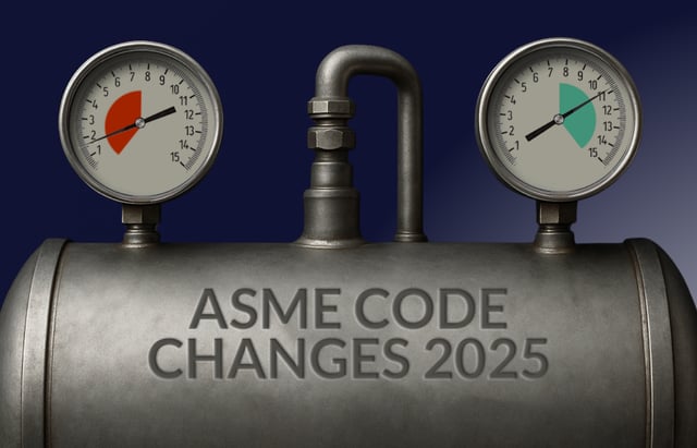 Two pressure gauges on a metal cylinder with the text 'ASME CODE CHANGES 2025